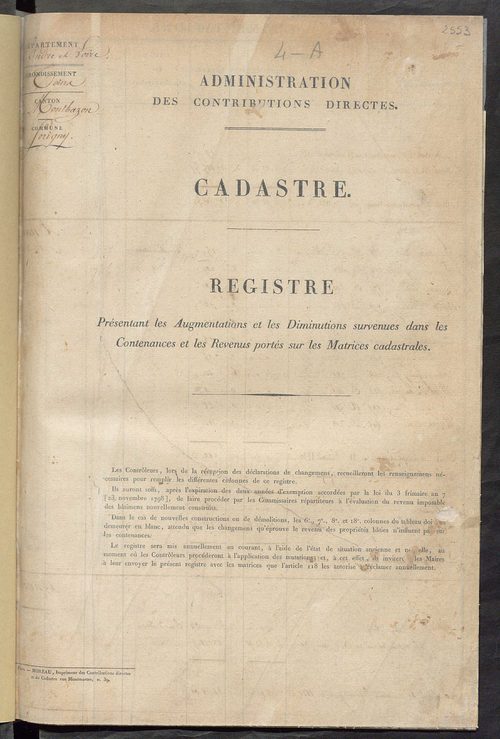 Registre présentant les augmentations et les diminutions survenues dans les contenances et les revenus portés sur les matrices cadastrales, 1828-1914 ; récapitulation des contenances et des revenus imposables, 1826 ; matrice des propriétés foncières, fol.