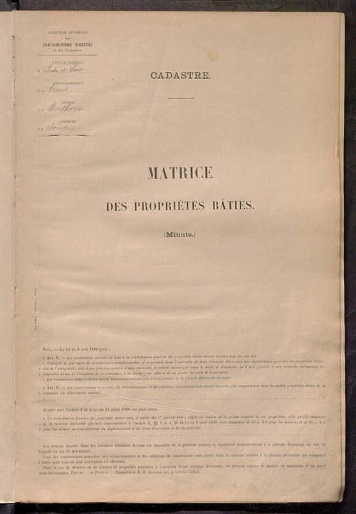 Matrice des propriétés bâties ; récapitulation ; table alphabétique des propriétaires.