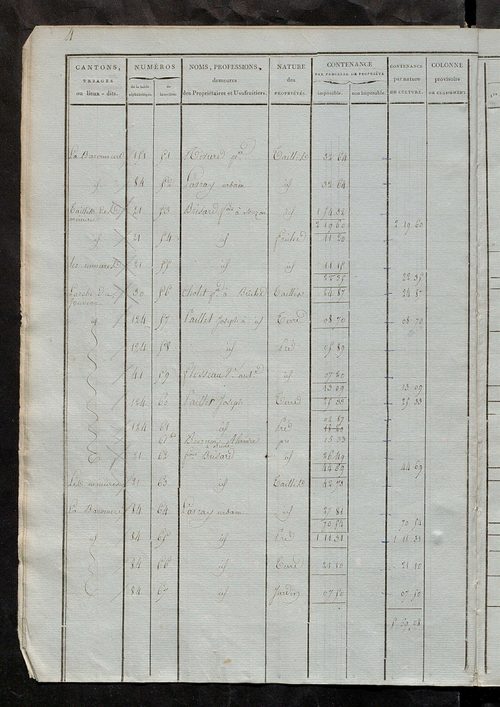 Etats de sections ; relevé des numéros de même nature de culture ; classement parcellaire et évaluation des revenus imposables des propriétés bâties, avec le nombre des portes et fenêtres.