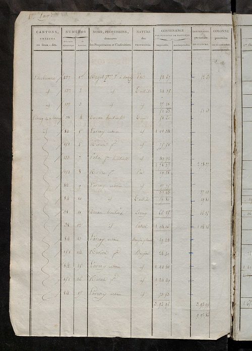 Etats de sections ; relevé des numéros de même nature de culture ; classement parcellaire et évaluation des revenus imposables des propriétés bâties, avec le nombre des portes et fenêtres.