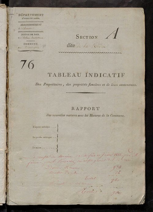 Etats de sections ; relevé des numéros de même nature de culture ; classement parcellaire et évaluation des revenus imposables des propriétés bâties, avec le nombre des portes et fenêtres.