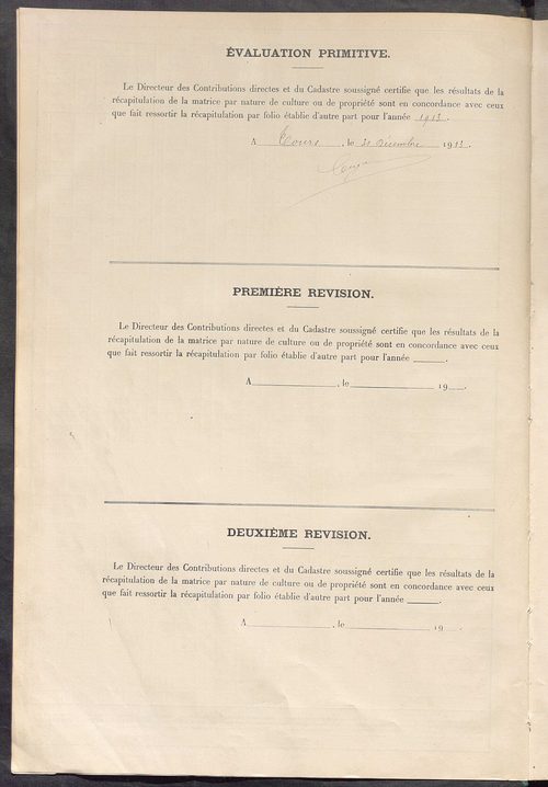 Tableau présentant les augmentations et les diminutions survenues dans la matière imposable ; récapitulation ; table alphabétique des propriétaires ; matrice des propriétés non bâties, fol. 1 à 492.