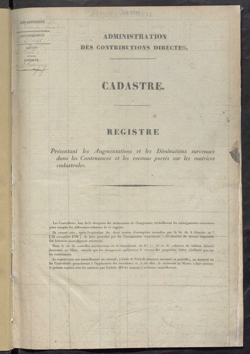 Registre présentant les augmentations et les diminutions survenues dans les contenances et les revenus portés sur les matrices cadastrales, 1828-1914 ; récapitulation des contenances et des revenus imposables, 1822 ; matrice des propriétés foncières, fol.