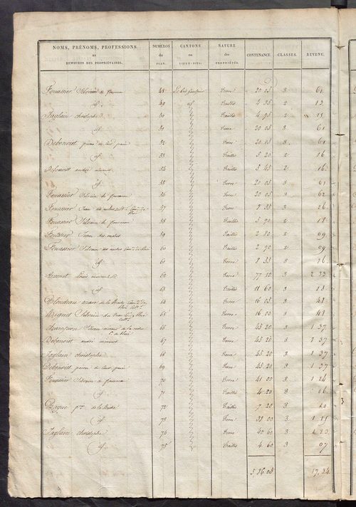 Etats de sections des propriétés non bâties et bâties ; relevé des numéros de propriétés non bâties de même nature ; relevé des propriétés bâties ; récapitulation de la contenance et du revenu imposables des propriétés.