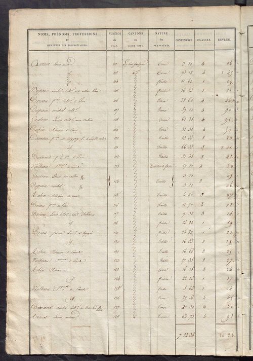 Etats de sections des propriétés non bâties et bâties ; relevé des numéros de propriétés non bâties de même nature ; relevé des propriétés bâties ; récapitulation de la contenance et du revenu imposables des propriétés.