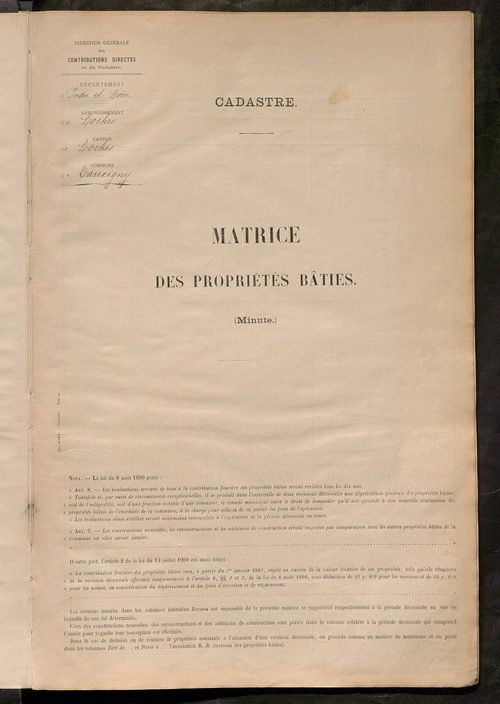 Matrice des propriétés bâties ; récapitulation ; table alphabétique des propriétaires.