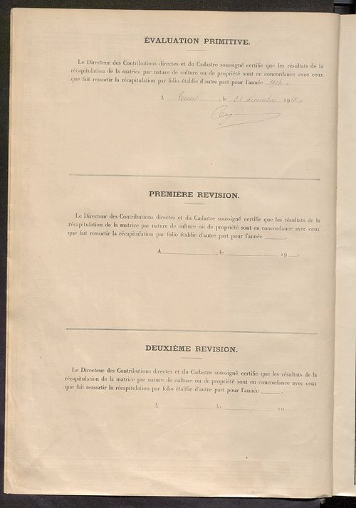 Tableau présentant les augmentations et les diminutions survenues dans la matière imposable ; récapitulation ; table alphabétique des propriétaires ; matrice des propriétés non bâties, fol. 1 à 500.