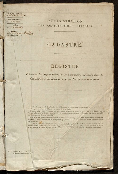 Registre présentant les augmentations et les diminutions survenues dans les contenances et les revenus portés sur les matrices cadastrales, 1839-1914 ; récapitulation des contenances et des revenus imposables, 1838 ; matrice des propriétés foncières, fol.