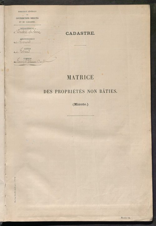 Tours sud, puis sud-ouest. - Matrice des propriétés non bâties : tableau présentant les augmentations et les diminutions survenues dans la matière imposable ; récapitulation ; table alphabétique des propriétaires.