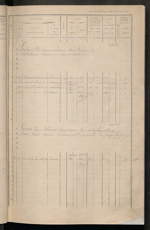 Tours sud, puis sud-ouest. - Matrice des propriétés bâties, cases 1681 à 2480 ; séparation des revenus cadastraux afférents, pour l'année 1882, aux propriétés bâties et non bâties (état-balance) ; table alphabétique des propriétaires.