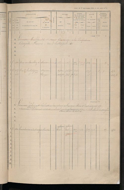 Tours sud, puis sud-ouest. - Matrice des propriétés bâties, cases 1681 à 2480 ; séparation des revenus cadastraux afférents, pour l'année 1882, aux propriétés bâties et non bâties (état-balance) ; table alphabétique des propriétaires.