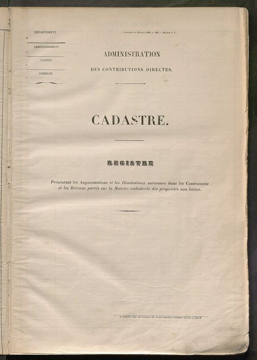 Tours sud-est. - Registre présentant les augmentations et les diminutions survenues dans les contenances et les revenus portés sur la matrice cadastrale, 1885-1914 ; matrice des propriétés foncières, fol. 1 à 400 (1884-1914).