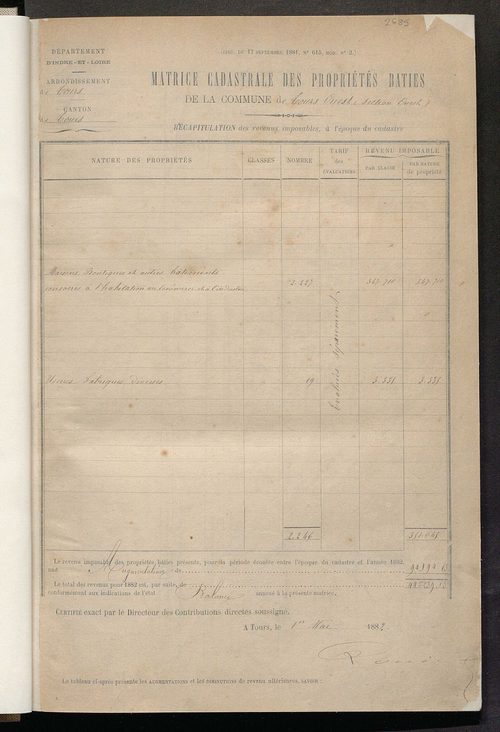 Tours nord-ouest. - Augmentations et diminutions, 1883-1891 ; Matrice des propriétés bâties, cases 1 à 1000.