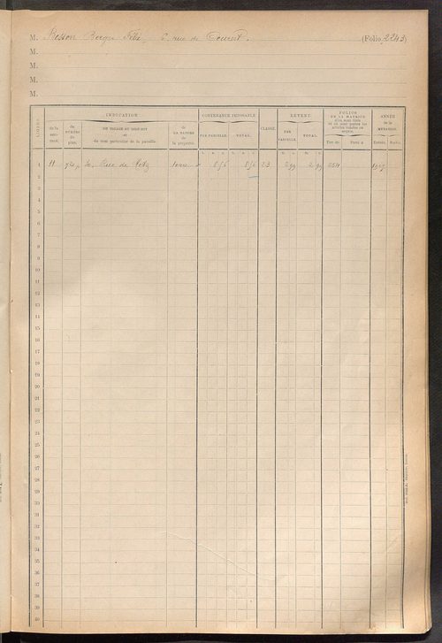 Tours sud, puis sud-ouest. - Augmentations et diminutions, 1905-1914 ; matrice des propriétés foncières, fol. 2241 à 2835 ; table alphabétique des propriétaires.
