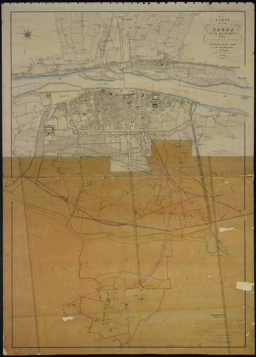 Carte de la ville de Tours et de ses environs dressée sous l'administration et les auspices de M. d'Entraigues, préfet, et de M. Walvein, maire, par M. Gayard, géomètre en chef du cadastre. Editeur Moisy, rue Royale à Tours (1839) : exemplaire avec un cal