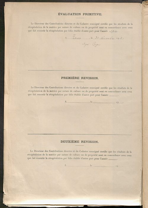 Tours nord-ouest. - Tableau présentant les augmentations et les diminutions survenues dans la matière imposable ; récapitulation ; matrice des propriétés non bâties, fol. 1 à 488.