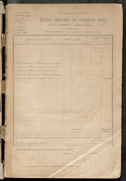 Tours sud-est. - Augmentations et diminutions (1885-1891). Matrice des propriétés bâties, cases 1 à 1192 ; table alphabétique des propriétaires (1884-1911).