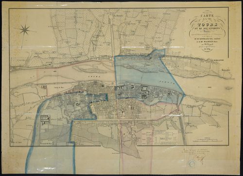 Carte de la ville de Tours et de ses environs dressée sous l'administration et les auspices de M. d'Entraigues, préfet, et de M. Walvein, maire, par M. Gayard, géomètre en chef du cadastre. Editeur Moisy, rue Royale à Tours (1839).