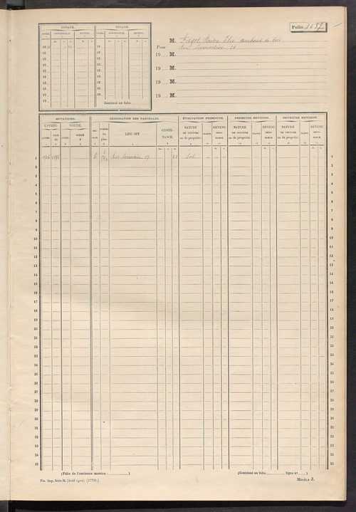 Tours nord-ouest. - Matrice des propriétés non bâties, fol. 1689 à 1748.