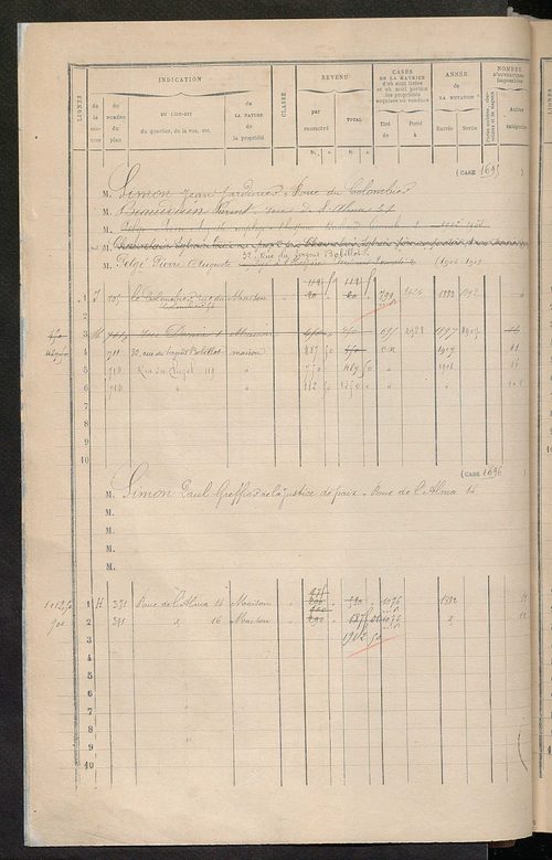 Tours sud, puis sud-ouest. - Matrice des propriétés bâties, cases 1681 à 2480 ; séparation des revenus cadastraux afférents, pour l'année 1882, aux propriétés bâties et non bâties (état-balance) ; table alphabétique des propriétaires.