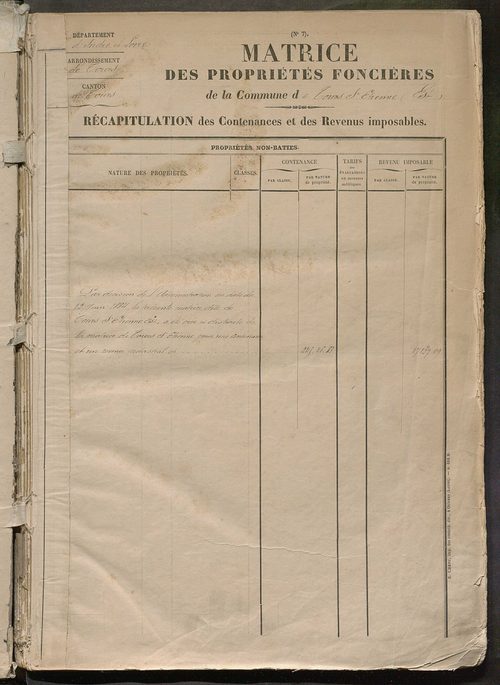Tours sud-est. - Registre présentant les augmentations et les diminutions survenues dans les contenances et les revenus portés sur la matrice cadastrale, 1885-1914 ; matrice des propriétés foncières, fol. 1 à 400 (1884-1914).