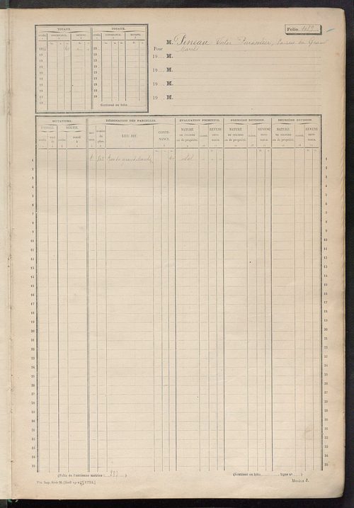 Tours nord-ouest. - Matrice des propriétés non bâties, fol. 1089 à 1688.