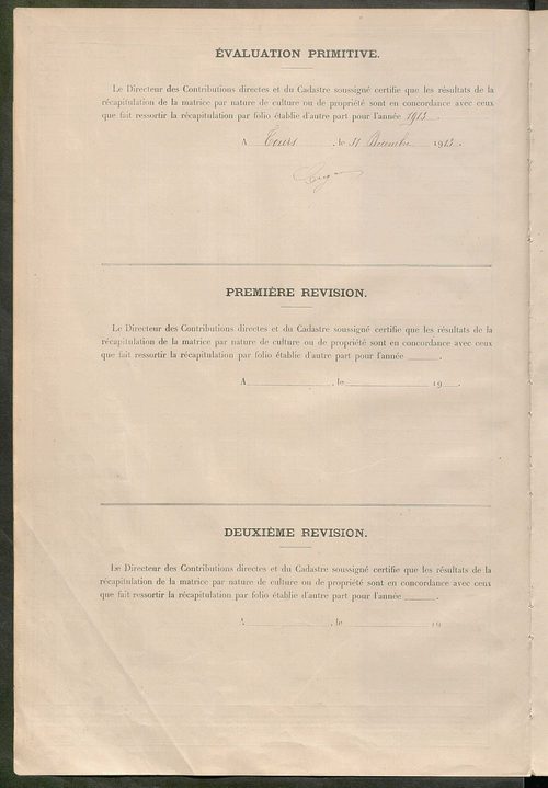 Matrice des propriétés non bâties ; tableau présentant les augmentations et les diminutions survenues dans la matière imposable ; récapitulation ; table alphabétique des propriétaires.