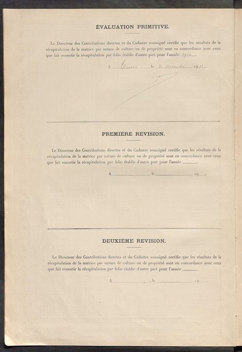 Tableau présentant les augmentations et les diminutions survenues dans la matière imposable ; récapitulation ; table alphabétique des propriétaires ; matrice des propriétés non bâties, fol. 1 à 488.