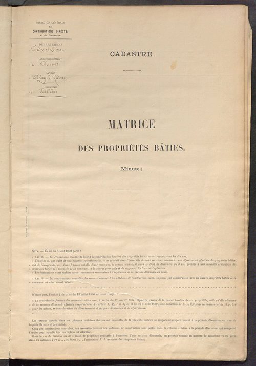 Matrice des propriétés bâties ; récapitulation ; table alphabétique des propriétaires.