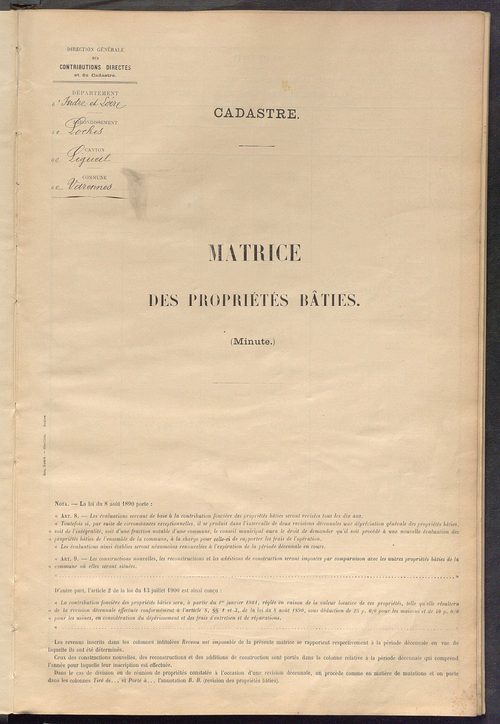 Matrice des propriétés bâties ; récapitulation ; table alphabétique des propriétaires.