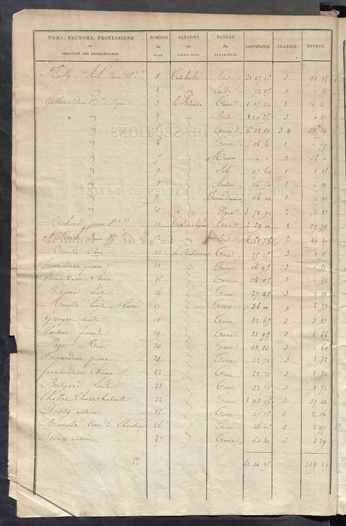 Etats de sections des propriétés non bâties et bâties ; relevé des numéros de propriétés non bâties de même nature ; relevé des propriétés bâties ; récapitulation de la contenance et du revenu imposables des propriétés.