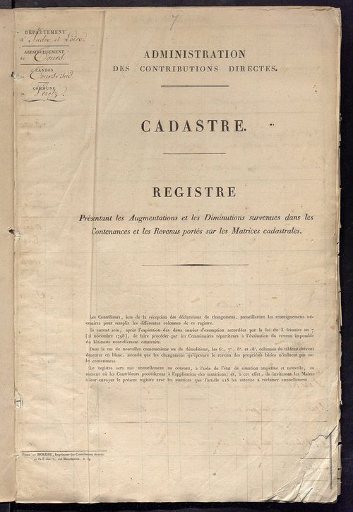 Registre présentant les augmentations et les diminutions survenues dans les contenances et les revenus portés sur les matrices cadastrales, 1824-1914 ; récapitulation des contenances et des revenus imposables, 1822 ; matrice des propriétés foncières, fol.