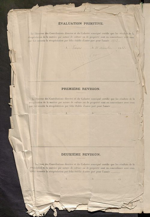 Tableau présentant les augmentations et les diminutions survenues dans la matière imposable ; récapitulation ; table alphabétique des propriétaires ; matrice des propriétés non bâties, fol. 1 à 486.
