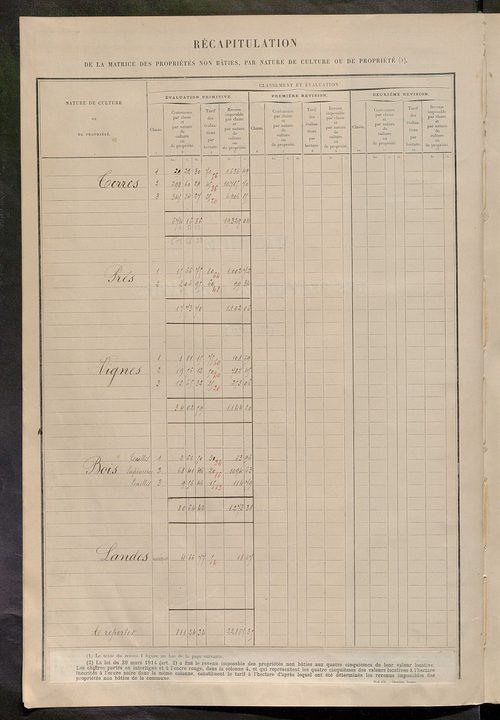 Matrice des propriétés non bâties ; tableau présentant les augmentations et les diminutions survenues dans la matière imposable ; récapitulation ; table alphabétique des propriétaires.