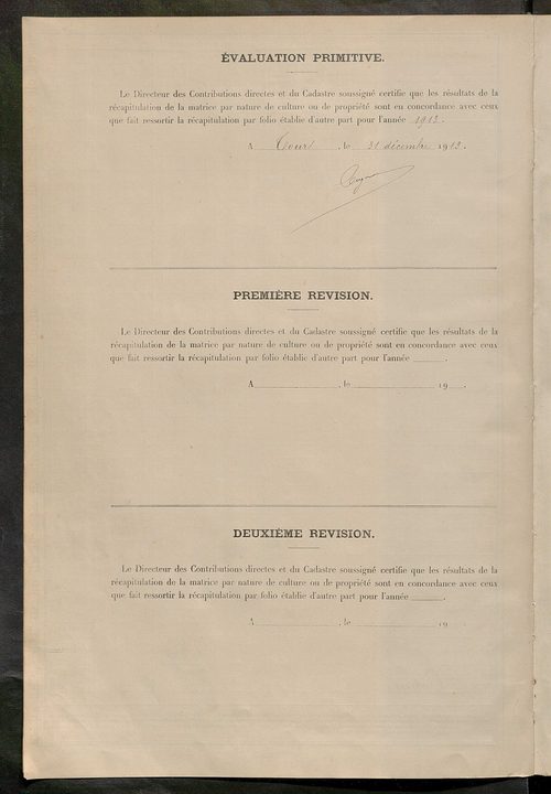 Matrice des propriétés non bâties ; tableau présentant les augmentations et les diminutions survenues dans la matière imposable ; récapitulation ; table alphabétique des propriétaires.