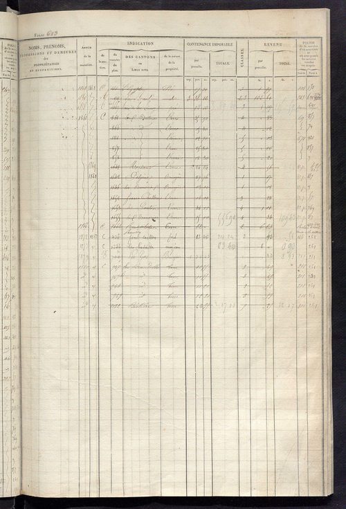 Matrice des propriétés foncières, fol. 613 à 1219 ; récapitulation des contenances et des revenus de la matrice cadastrale, 1828 ; table alphabétique des propriétaires.