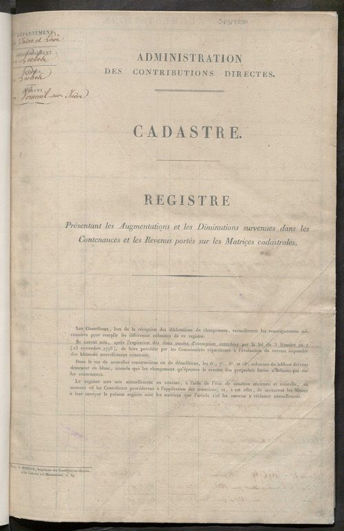 Registre présentant les augmentations et les diminutions survenues dans les contenances et les revenus portés sur les matrices cadastrales, 1829-1914 ; récapitulation des contenances et des revenus imposables, 1828 ; matrice des propriétés foncières, fol.