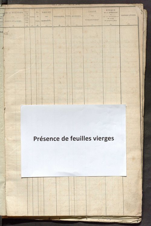 Registre présentant les augmentations et les diminutions survenues dans les contenances et les revenus portés sur les matrices cadastrales, 1826-1914 ; récapitulation des contenances et des revenus imposables, 1823 ; matrice des propriétés foncières, fol.