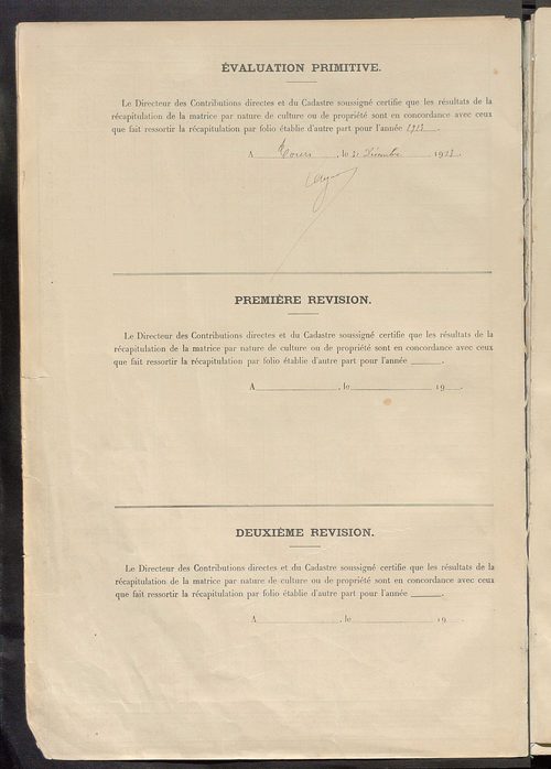 Tableau présentant les augmentations et les diminutions survenues dans la matière imposable ; récapitulation ; table alphabétique des propriétaires ; matrice des propriétés non bâties, fol. 1 à 500.