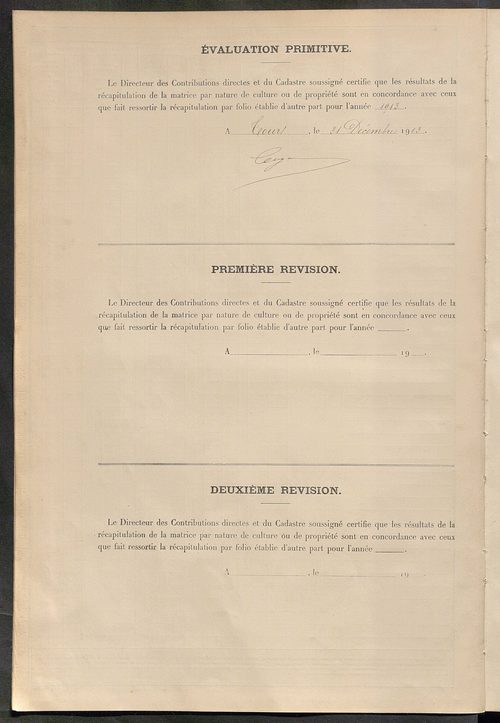 Tableau présentant les augmentations et les diminutions survenues dans la matière imposable ; récapitulation ; table alphabétique des propriétaires ; matrice des propriétés non bâties, fol. 1 à 492.
