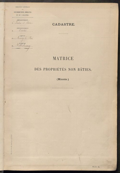 Tableau présentant les augmentations et les diminutions survenues dans la matière imposable ; récapitulation ; table alphabétique des propriétaires ; matrice des propriétés non bâties, fol. 1 à 492.