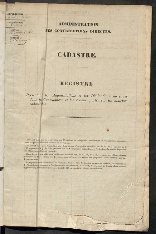 Registre présentant les augmentations et les diminutions survenues dans les contenances et les revenus portés sur les matrices cadastrales, 1838-1914 ; récapitulation des contenances et des revenus imposables, 1836 ; matrice des propriétés foncières, fol.