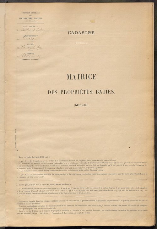 Matrice des propriétés bâties ; récapitulation ; table alphabétique des propriétaires.