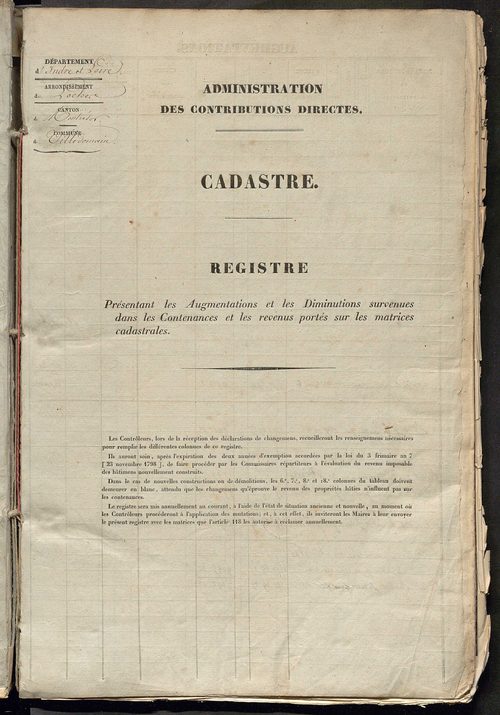 Matrice des propriétés foncières ; registre présentant les augmentations et les diminutions survenues dans les contenances et les revenus portés sur les matrices cadastrales, 1834-1914 ; récapitulation des contenances et des revenus imposables, 1833 ; tab