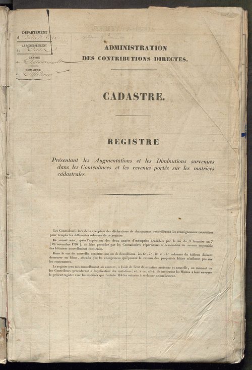Registre présentant les augmentations et les diminutions survenues dans les contenances et les revenus portés sur les matrices cadastrales, 1838-1914 ; récapitulation des contenances et des revenus imposables, 1836 ; matrice des propriétés foncières, fol.