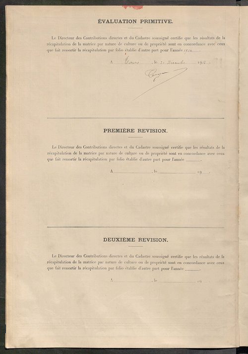 Tableau présentant les augmentations et les diminutions survenues dans la matière imposable ; récapitulation ; table alphabétique des propriétaires ; matrice des propriétés non bâties, fol. 1 à 500.