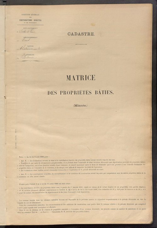 Matrice des propriétés bâties ; récapitulation ; table alphabétique des propriétaires.
