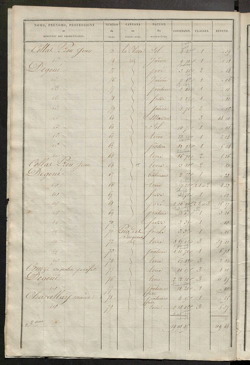 Etats de sections des propriétés non bâties et bâties ; relevé des numéros de propriétés non bâties de même nature ; relevé des propriétés bâties ; récapitulation de la contenance et du revenu imposables des propriétés.