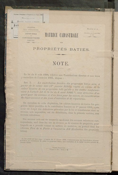Matrice des propriétés bâties ; augmentations et diminutions, 1883-1891 ; séparation des revenus cadastraux afférents, pour l'année 1882, aux propriétés bâties et non bâties (état-balance) ; table alphabétique des propriétaires.