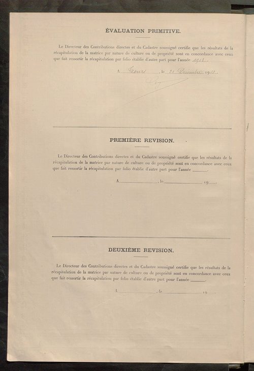 Tableau présentant les augmentations et les diminutions survenues dans la matière imposable ; récapitulation ; table alphabétique des propriétaires ; matrice des propriétés non bâties, fol. 1 à 491.